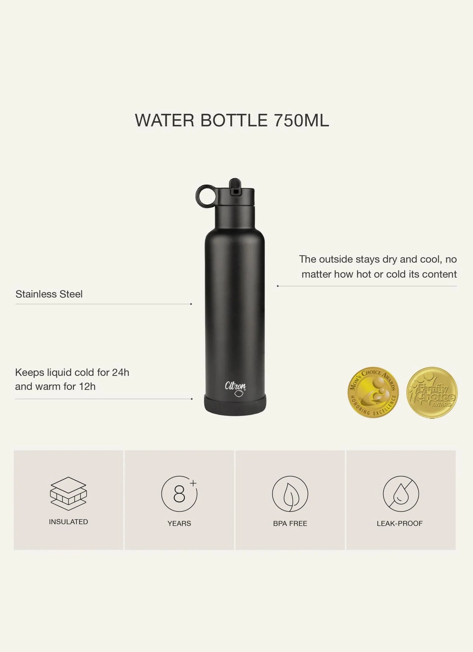 750ml Insulated Water Bottle - Black - Image 8